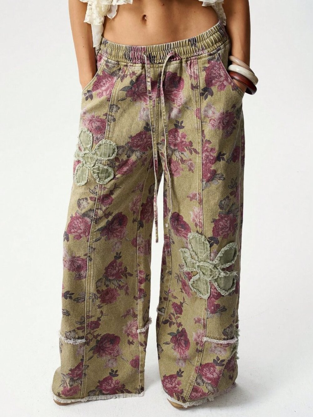 Boho Women's Casual floral with distress floral Jacquard Country wide-Leg Pants - Picture 3 of 6